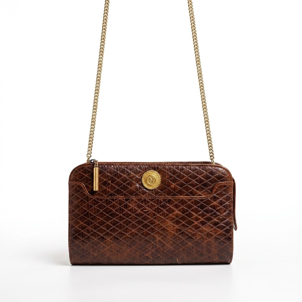 Albert Nipon Vintage Brown Quilted Leather Zipper Gold Tone Chain Crossbody Bag